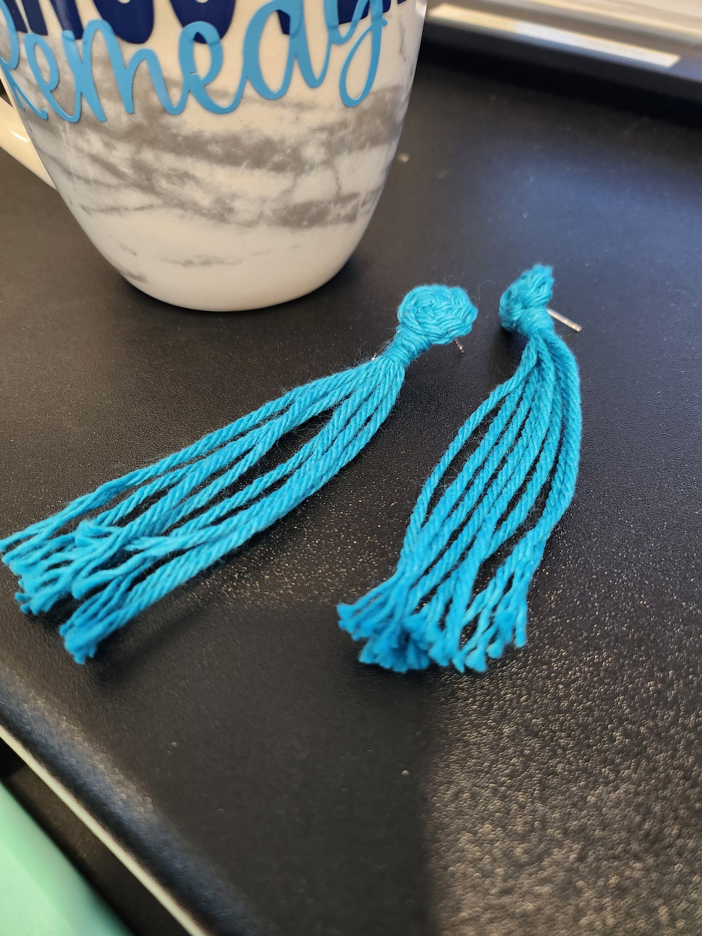 Turquoise Blue Macrame Knotted Pinwheel Long Tassel Post Earrings